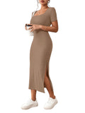 1 x RAW Customer Returns GORGLITTER Bodycon Dress with Slit Women s Dresses Short Sleeve Summer Midi Dress Pencil Dress Casual Dress T-Shirt Dress Khaki L - RRP €34.99