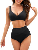 1 x Brand New Women s Bikini Set, V Neck Top Tummy Control Bikini Bottoms High Waist Tie Back Swimsuit Soft Bathing Suit Ribbed Strappy Swimwear - RRP €33.99