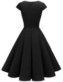 1 x RAW Customer Returns Homrain 1950s Vintage Retro Cocktail Dresses Women Short Sleeve Rockabilly Dresses Party Evening Dresses Swing Pleated Skirt Black XS - RRP €20.16