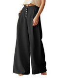 1 x RAW Customer Returns Vanchenl Women Summer Casual Cotton Linen Palazzo Elastic High Waist Button Wide Leg Pants Trousers Black XL - RRP €25.2