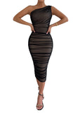 1 x RAW Customer Returns Justchicc Women Mesh One Shoulder Backless Ruched Club Party Midi Dress Black Small - RRP €35.28