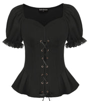 1 x RAW Customer Returns SCARLET DARKNESS Women s Victorian Tops Puff Sleeves Lace-up Corset Ruffle Hem Short Sleeve Elegant Top Black S - RRP €20.59