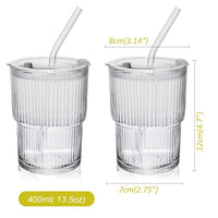 1 x RAW Customer Returns Maygone Crystal Glass Stripes Coffee Cups with Lid and Straw Drinking Bottles Mason Jar Iced Latte Water Juice Drinking Cup 400ml - RRP €18.14