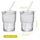 1 x RAW Customer Returns Maygone Crystal Glass Stripes Coffee Cups with Lid and Straw Drinking Bottles Mason Jar Iced Latte Water Juice Drinking Cup 400ml - RRP €18.14