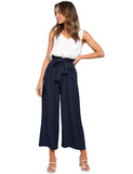 1 x RAW Customer Returns FANCYINN women 2 piece crop pants set with wide leg wide strap V-neck tank high waist cropped paper bag pants with belt white top and sea blue pants XS - RRP €31.98