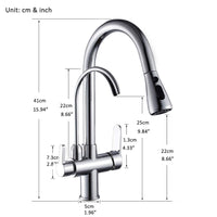 1 x RAW Customer Returns Onyzpily Chrome Pure Water Kitchen Faucet with Pull Out Double Handle Hot and Cold Drinking Water 3 Way Filter Kitchen Mixer Taps - RRP €75.64