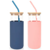 1 x RAW Customer Returns ANOTION Tumbler with drinking straw and lid, drinking bottle glass water bottle with silicone cover with bamboo lid - 450 ML - pink blue - 2 sets - RRP €20.16