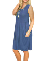 1 x Brand New AUSELILY Women s Summer Dress Sleeveless Mini Casual Pleated Knee Dress with Pocket S,Beja blue  - RRP €23.99