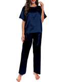 1 x RAW Customer Returns Nanxson Women s Satin Pajama Set Two Piece Sleepwear Short Sleeve Pajamas with Long Pant for Soft Pajamas Bedding S,Navy  - RRP €24.58