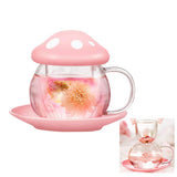 1 x RAW Customer Returns Rain House Glass Tea Cup, Cute Mushroom Cup with Mushroom Spoon, Strainer Filter, Transparent Teapot with Ceramic Lid, Coaster, Heat Resistant for Home and Office, 290ml Pink  - RRP €19.15