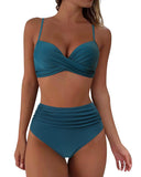 1 x RAW Customer Returns RXRXCOCO Women s Wrap Push Up Bikini Top Tummy Control High Waist Bikini Set Swimwear Blue Size S - RRP €39.99