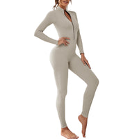 1 x RAW Customer Returns OEAK Women s Sports Jumpsuit Long Tight Yoga Overall Long Sleeve V-Neck Playsuits with Zipper Jogging Rompers Pants Suit Tracksuit,Sliber,S - RRP €30.24