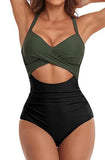 1 x RAW Customer Returns jakloz Swimsuit Women V Neck Lace Up Swimwear Swimsuit Tummy Control Cut Out One Piece Beachwear Swimsuit Green, XL  - RRP €31.98