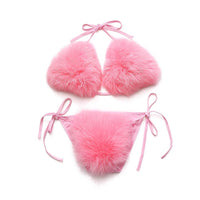 1 x RAW Customer Returns ZOSCGJMY Women s Fluffy Artificial Fur Bikini Set Triangle Bikini Two Piece Swimsuit Pink  - RRP €32.26