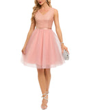 1 x RAW Customer Returns Meetjen Sequin Dress Short Women s Tulle Cocktail Dress V-Neck Party Dress A-Line Festive Dress for Wedding Guests Sleeveless Blush XL - RRP €55.45