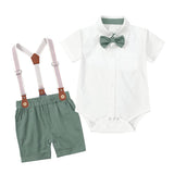 1 x RAW Customer Returns AGQT Baby Suit Boys Clothing Sets Shirt with Bow Tie Suspender Shorts Romper for Wedding Festive Baptism Green Size 0-3 Months - RRP €32.26