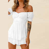 1 x RAW Customer Returns IMEKIS Women s Off Shoulder Romper Dress Women Boho Floral Print Short Jumpsuit Chiffon Ruffle Mini Dress Elegant Overall Shorts Casual Summer Dress Playsuit White S - RRP €29.41