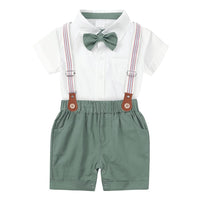 1 x RAW Customer Returns AGQT Baby Suit Boys Clothing Sets Shirt with Bow Tie Suspender Shorts Romper for Wedding Festive Baptism Green Size 0-3 Months - RRP €32.26