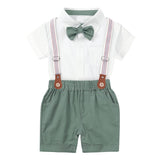 1 x RAW Customer Returns AGQT Baby Suit Boys Clothing Sets Shirt with Bow Tie Suspender Shorts Romper for Wedding Festive Baptism Green Size 0-3 Months - RRP €32.26