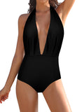 1 x RAW Customer Returns SHEKINI Women s One Piece Swimsuit Deep V-Neck Halter Adjustable Beachwear Slim Backless Monokini Beachwear X-Large, Black  - RRP €34.95