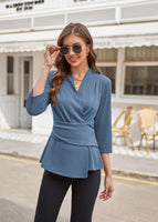 1 x Brand New GRACE KARIN Women s Elegant Tops 3 4 Sleeve V-Neck Top Plain Slim Fit Business Top Tunic Blouse with Decorative Belt Gray Blue 2XL - RRP €40.32