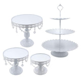 1 x RAW Customer Returns Snowtaros 6 Pieces Vintage Style Round Cake Stand, Dessert and Cake Serving Plate, 3 Tier Metal Cake Stand with Crystal Beads, Party, Wedding Decoration White  - RRP €77.99