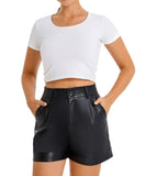 1 x RAW Customer Returns Everbellus Women High Waist Leather Leggings Shorts with Pockets and Wide Leg Black 2 XXL - RRP €27.76