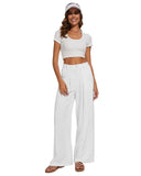 1 x RAW Customer Returns HMIYA women s linen trousers - wide leg summer trousers casual loose with pockets fabric trousers, white, L - RRP €38.3