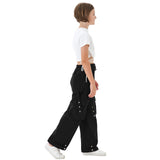 1 x RAW Customer Returns Rolanko Baggy Cargo Pants for Girls, Elastic Waist with Multiple Pockets Wide Leg Cargo Pants for Kids, Black, Size 160 11-12 Years - RRP €34.99