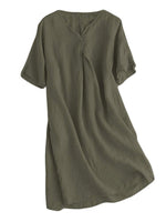 1 x RAW Customer Returns FTCayanz women s summer dress linen dresses V-neck short sleeve midi dress long tunic blouse khaki-green XXL - RRP €40.33