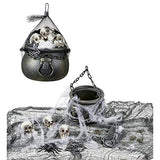 1 x Brand New HALLOWEEN DECORATIVE SET cauldron, 3 skulls, spiderweb spider, chain and freaky fabric - - RRP €21.99