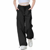 1 x RAW Customer Returns Rolanko Girls Baggy Paratrooper Pants, Vintage Y2K Joggers with Adjustable Elastic Waist for Kids, Black, Size 160 - RRP €33.99