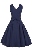 1 x RAW Customer Returns Babyonlinedress Women s Retro Evening Dress Ball Gown Cocktail Dress Short Vintage 40 50 V-neck without Sleeves with Belt Bow Made of Cotton, Dark Navy Blue, X-Large - RRP €27.6