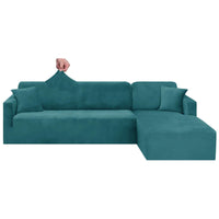 1 x RAW Customer Returns CHELZEN Velvet Peninsula Sofa Cover, 2-Piece Couch Cover Left Right Corner, Chaise Longue Sofa Throws with Two Pillowcases, L Shape Peninsula Sofa Covers 2 Seater 3 Seater, Peacock Blue  - RRP €56.99