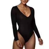 1 x RAW Customer Returns RoomTour Women s Long Sleeve Bodysuit, V-Neck Thong Tops for Women, Women s Bodycon Jumpsuit 1-Black XL - RRP €27.19