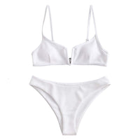 1 x RAW Customer Returns ZAFUL Women s V-Neck Bikini Set, 2-Piece Swimsuit Ribbed Fabric Single Back Knot Color White-Model 2, S EU.36  - RRP €36.99