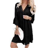 1 x RAW Customer Returns YUTILA Women s Dresses Beach Dress Boho Tunic Summer Dress V-Neck Loose 3 4 Sleeve Mini Dresses With Lace,Black,M - RRP €29.23