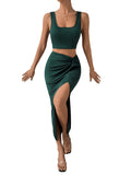 1 x RAW Customer Returns GORGLITTER summer two-piece set women s leisure suit with tank top and skirt 2-piece outfitwear skirt holiday top midi skirt set with slit dark green L - RRP €31.99