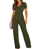 1 x RAW Customer Returns Dokotoo Jumpsuit Women Elegant Short Sleeve Long Overall Trouser Suit V-Neck Casual Loose Playsuit Romper, Green, L - RRP €43.99