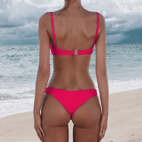 1 x RAW Customer Returns meioro Sexy Bikini for Women 2 Piece Swimwear Low Waist Solid Color Swimwear High Leg Bathing Suit Beachwear M,Bright Pink  - RRP €25.99