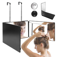 1 x RAW Customer Returns OSDUE 360 degree mirror with light, 3-way mirror with hook, folding mirror 3 parts for cutting hair yourself, 3-way mirror for cutting hair, shaving mirror with 10X magnifying mirror, hair styling - RRP €36.73