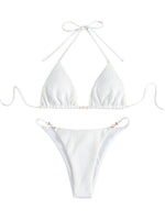 1 x RAW Customer Returns GORGLITTER Bikini Women Set Sexy Brazilian Bikini With Pearls Triangle Bikini High Waist Halter Bikini Two Piece Swimsuit Swimwear White M - RRP €31.25