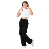 1 x RAW Customer Returns Rolanko Baggy Cargo Pants for Girls, Elastic Waist with Multiple Pockets Wide Leg Cargo Pants for Kids, Black, Size 160 11-12 Years - RRP €34.99