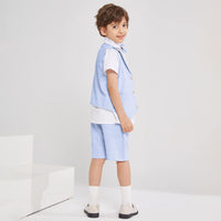 1 x Brand New Volunboy Children s Wedding Vest Suit Vest Set Boy, Summer Boys Suit with Shorts, Shirts 4 Pieces 3-4 Years, Blue, Tag 100  - RRP €34.4