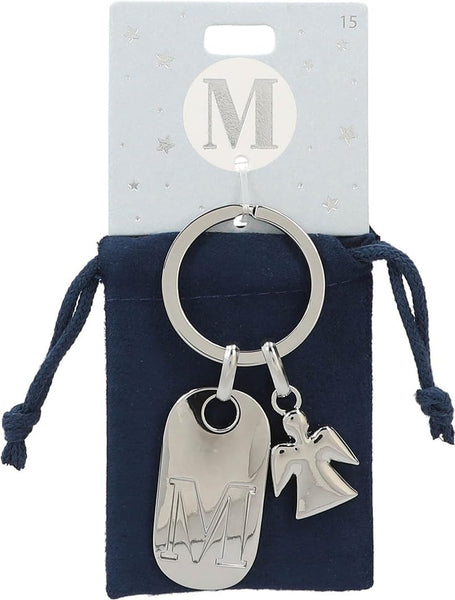 1 x RAW Customer Returns Depesche 11800-015 Silver keyring with letter M and guardian angel, zinc alloy, including coloured velvet bag - RRP €12.31