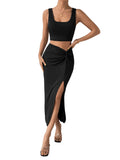 1 x RAW Customer Returns GORGLITTER summer two-piece set women s leisure suit with tank top and skirt 2-piece outfitwear skirt holiday top midi skirt set with slit black S - RRP €30.24