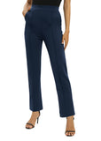 1 x RAW Customer Returns Women Office Casual Straight Legs Work Pants Solid Elastic Waist Long Trousers with Pockets XL, Navy Blue  - RRP €30.23