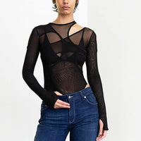 1 x RAW Customer Returns nitescuba Women s Bodysuit Underjacket Top Sexy Transparent Shirt Mesh Bodysuit Veil Black Clubwear Bodysuit Shirt Long Sleeves Stretch Shapewear, Black, XL - RRP €22.18