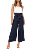 1 x RAW Customer Returns FANCYINN women 2 piece crop pants set with wide leg wide strap V-neck tank high waist cropped paper bag pants with belt white top and sea blue pants XS - RRP €31.98