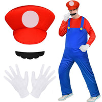 1 x RAW Customer Returns Aomig Adult Mario-bros Costume, 4Pcs with Hat, Mustache, Gloves, Unisex, Fancy Dress Outfit for Halloween, Carnival - RRP €20.99